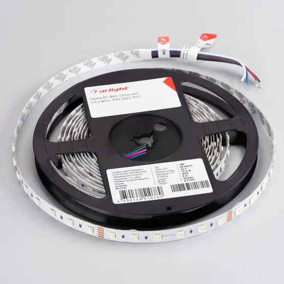 Фото #4 товара Светодиодная лента RT-B60-12mm 24V RGBW-White-4-in-1 (19.2 W/m, IP20, 5060, 5m) (Arlight, Открытый)