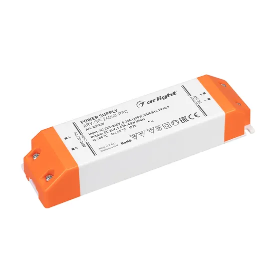 Фото товара Блок питания ARV-SP-24040-PFC (24V, 1.67A, 40W) (Arlight, IP20 Пластик, 5 лет)