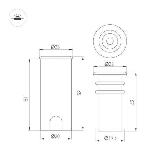 Фото #4 товара Светильник ART-PELURU-GROUND-R23-1W Warm3000 (GR, 100 deg, 24V) (Arlight, IP67 Металл, 3 года)