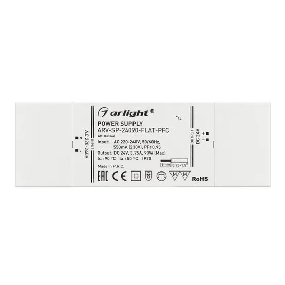 Фото #2 товара Блок питания ARV-SP-24090-FLAT-PFC (24V, 3.75A, 90W) (Arlight, IP20 Пластик, 5 лет)